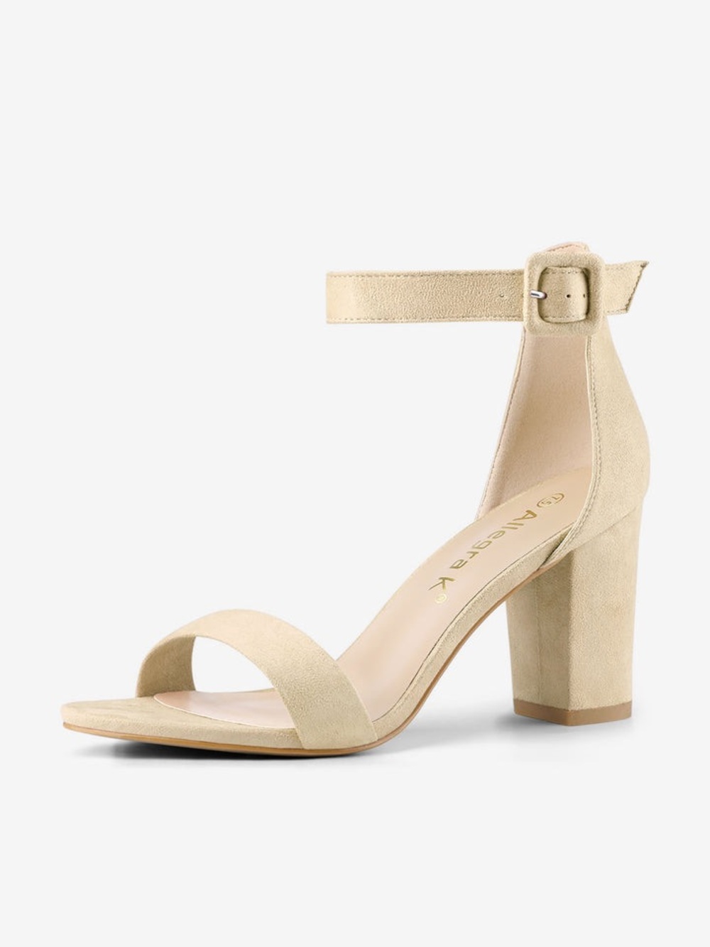 Allegra K Faux Suede High Chunky Heel Buckle Ankle Strap Sandals in beige